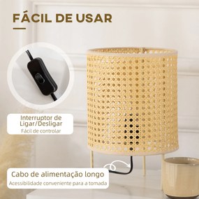 Candeeiro de Mesa Candeeiro de Mesa de Cabeceira Lâmpada E27 Máx. 40W com Ecrã de Vime Sintético Tecido a Mão para Dormitório Escritório Ø20x30,5cm Na