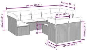 10 pcs conjunto sofás de jardim c/ almofadões vime PE preto