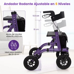 Andarilho dobrável para adultos idosos com assento 24 cm Rodas pneumáticas todo-o-terreno Saco de arrumação Carga 160 kg Púrpura