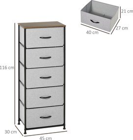 Cómoda com 5 gavetas 45 x 30 x 116 cm, móvel de arrumação com gavetas em tecido dobrável - estrutura em aço preto - cinzento