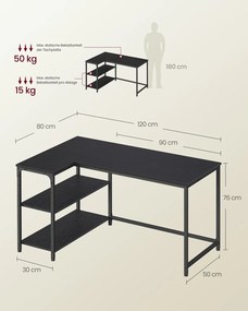 Secretária de canto 120 x 80 cm em forma de L com prateleira ajustável em altura, preto