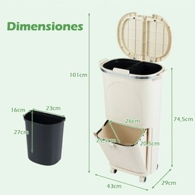 Caixote do lixo de 38 L com duas camadas, 2 caixotes removíveis, pedal e rodas para sala, cozinha e casa de banho, Bege