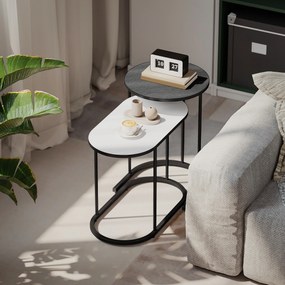 Conjunto de 2 mesas baixas encaixáveis, mesas auxiliares empilháveis de estilo contemporâneo, estrutura em metal cinzento e branco