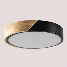 Plafon De Teto Led Redondo Em Ferro Jan Preto - Castanho Madeira & Ø30 Cm - Sklum