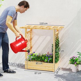 Floreira elevada com treliça lateral e superior, vaso com orifícios de drenagem, 110 x 44 x 113 cm, madeira natural