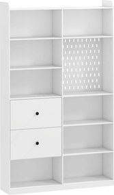 Estante para Livros Alta e Estreita com Painel Perfurado 2 Gavetas e 8 Compartimentos 120x30x200 cm Branco