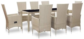 9 pcs conjunto jantar exterior com almofadões vime PE bege