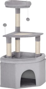 PawHut Árvore para gatos torre de atividades para gatos arranhadores sisal, plataforma, toca, pelúcia, bolas, 49x49x114cm cinza claro | Aosom Portugal