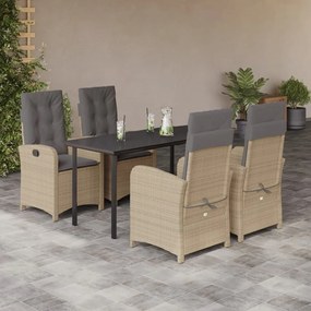 vidaXL 5pcs conj. jantar jardim c/ almofadões vime PE bege misturado
