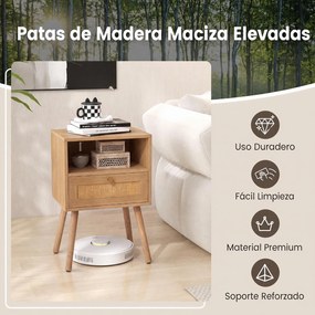 Conjunto de 2 Mesas de Cabeceira com Gaveta em Ratan, 40 x 30 x 60,5 cm, Pernas de Madeira Maciça, cor Madeira