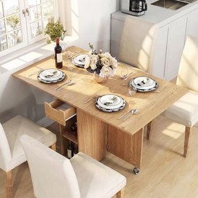 Mesa de jantar extensível 120 x 72 x 75 cm com 2 rodas; mesa de cozinha dobrável com prateleira, gaveta de 2 compartimentos e abas rebatíveis Natural
