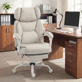 Cadeira de alto encosto com massagem vibratória e aquecimento, ergonómica, reclinável, com apoio para os pés, creme branco