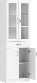 Armário de Cozinha 60x35x180 cm com 2 Armários e uma Gaveta, Prateleiras Reguláveis e Portas de Vidro Branco