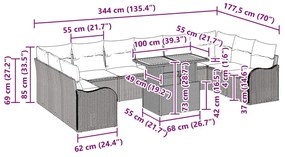 Conjunto de Sofá de Jardim com 11 Peças em Rattan e Almofadas na cor B