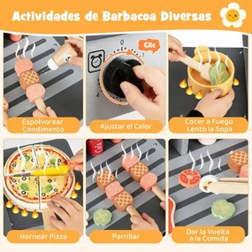 Conjunto de churrasqueira de madeira para crianças 94 x 33 x 87 cm com diversos utensílios e alimentos, 2 grelhas e tampas dobráveis, cinzento escuro