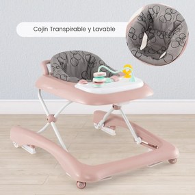 Andarilho dobrável para bebés 0-24 meses Centro de actividades com 3 alturas ajustáveis Assento almofadado Andarilho com rodas Rosa