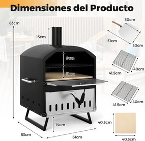 Forno de Pizza Exterior de 2 Camadas Fogão Portátil com Pedra, Pá e Grelhas para Churrasco e Tampa para Acampamento 61 x 53 x 83 cm Preto