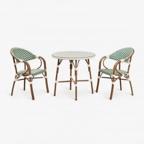 Conjunto De Mesa Redonda Brielle Bistro, Ø80 Cm, E Duas Cadeiras De Jantar Empilháveis Com Braços Em Alumínio. Verde Couve - Gardénia Branco - Sklum