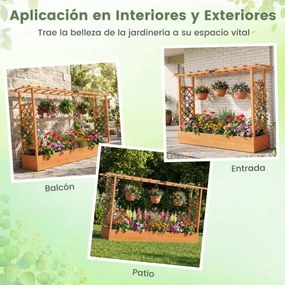 Floreira de jardim elevada em madeira com treliça 220 x 35 x 114 cm, teto suspenso, orifícios de drenagem, para plantas trepadeiras, laranja