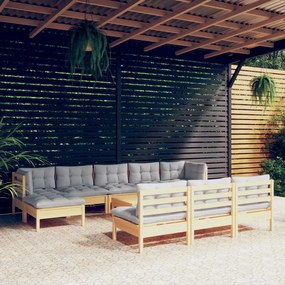 11 pcs conjunto lounge de jardim c/ almofadões cinzentos pinho
