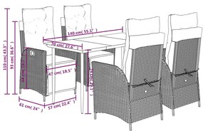5 pcs conjunto jantar p/ jardim c/ almofadões vime PE castanho