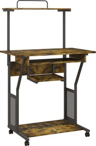 HOMCOM Mesa de computador com rodízios e prateleiras de arrumação, estação de trabalho com bandeja para teclado, 80 x 50 x 130 cm, castanho | Aosom Portugal