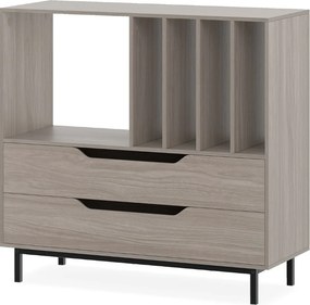 Suporte para gira-discos e para discos de vinil 91 x 36 x 87 cm com compartimento aberto 4 prateleiras e 2 gavetas e pés de metal cinzento