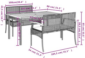 3 pcs conjunto de jantar p/ jardim c/ almofadões vime PE cinza