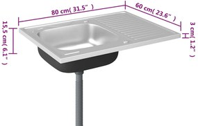 Lava-louça cozinha + escorredor 800x600x155mm aço inox prateado