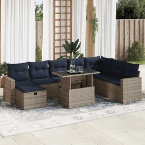 9 pcs conj. sofás jardim c/ almofadões vime PE/acácia castanho