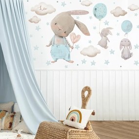 Autocolantes para quarto - Coelhinhos em azul claro com balões