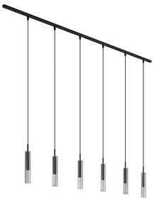 Sistema de iluminação de trilho moderno preto com 6 candeeiros suspensos pretos com vidro fumado 1 fase - Slimline Loyce