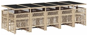 15 pcs conjunto de jantar p/ jardim com almofadões vime PE bege