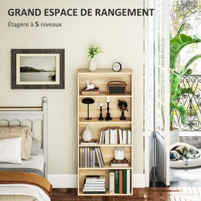 Estante de arrumação 60 x 24 x 133,5 cm com 5 níveis e prateleiras ajustáveis para sala de estar, quarto, escritório, natural
