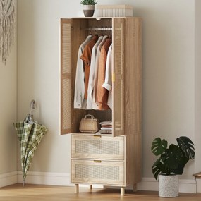 Guarda Roupa de Quarto com 2 Portas e 2 Gavetas, 63 x 47 x 185 cm, Design em Rotim, Madeira Natural
