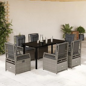 vidaXL 7 pcs conj. jantar p/ jardim c/ almofadões vime PE cinza-claro