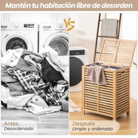 Cesto para roupa suja de bambu 80 L Organizador de roupa suja de bambu ripas para lavandaria Quarto e casa de banho 50 x 35 x 62 cm Natural