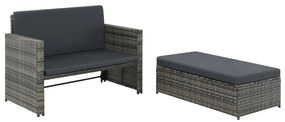 2 pcs conjunto lounge de jardim c/ almofadões vime PE cinzento