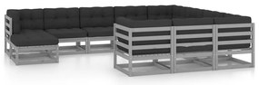 11 pcs conj. lounge jardim c/ almofadões pinho maciço cinzento