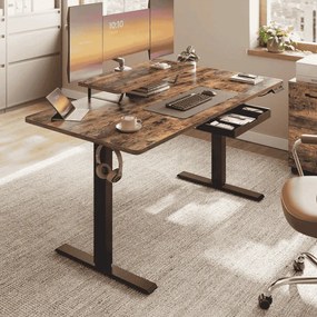 Secretária elétrica 140 x 70 x (72-120) cm com altura ajustável, suporte para monitor e USB castanho vintage