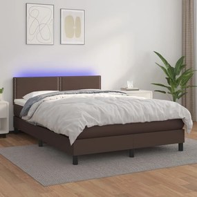 Cama box spring c/ colchão/LED 140x200 cm couro artif. castanho