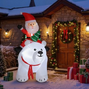 Pai Natal Insuflável Montado num Urso Polar, 180 x 100 x 200 cm, 5 Luzes LED, Branco