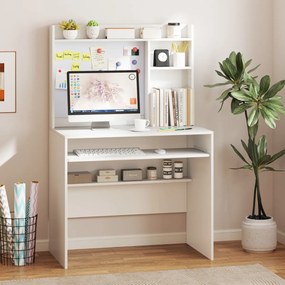 Secretária de computador 89 x 50 x 138 cm com quadro de avisos magnético e com Estante e Tabuleiro para teclado branco