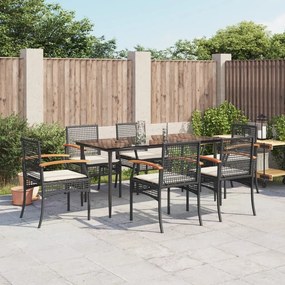 vidaXL 7 pcs conjunto de jantar p/ jardim c/ almofadões vime PE preto