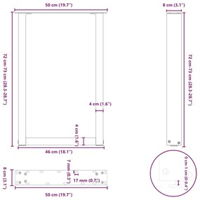 Pés para mesa de jantar em formato de U, 2 peças, aço natural, 50x(72-