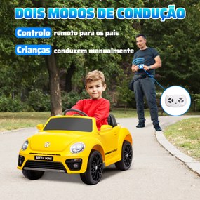 Carro Elétrico para Crianças Carro Elétrico Infantil Volkswagen Beetle com Bateria 12V Faróis Buzina e Música 97x56,5x46 cm Amarelo