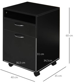Bloco de Gavetas de Escritório com Armário e Gaveta Móvel Arquivador com Rodas Suporte para Impressora 40x35x60 cm Preto