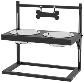 Comedouro Elevado para Cães com 2 Tigelas Altura Ajustável e 1 Peça de Metal com Formato de Osso 40,5x22x39 cm Preto