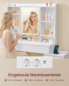 Toucador com espelho LED (BANCO NÃO INCLUIDO) e tomada múltipla 40 x 105 x 145 cm Coleção Kailyn branco