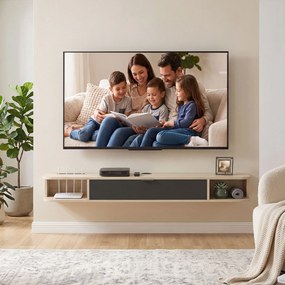 Móvel de TV suspenso 140 x 24 x 16 cm, móvel para televisores até 60 polegadas, gaveta rebatível, 2 prateleiras, madeira cor natural e preto